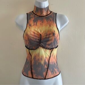 SM Urban Outfitters Sheer Fire/Flame Graphic Tank w/ Mock Neck & Stitch Details